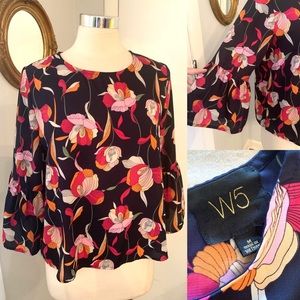 Women’s Pink Black Floral Blouse Bell sleeves Business Casual M Preppy Feminine